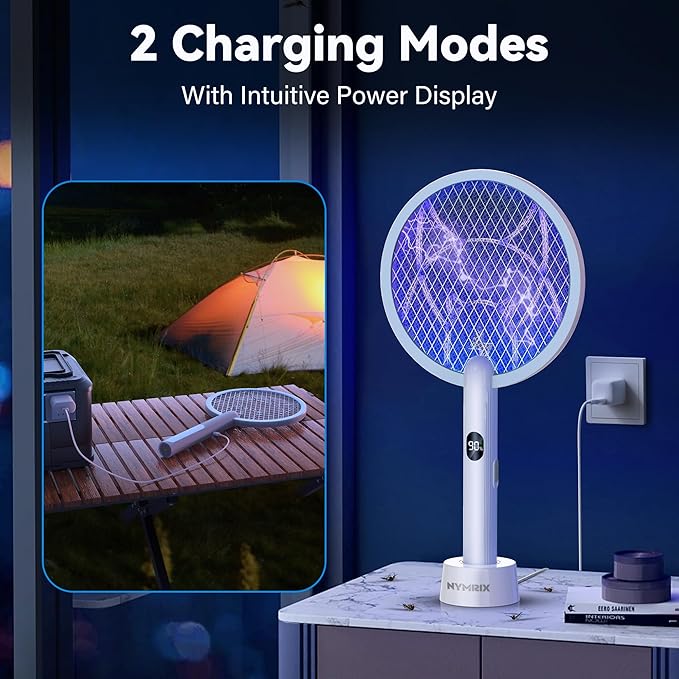 Electric Fly Swatter Racket, 2 in 1 Mosquito Bug Zapper 4100V Handheld Mosquito Killer with 1800 mAh Rechargeable Battery, Purple Light and 3-Layer Safety Mesh for Indoor Outdoor Blue