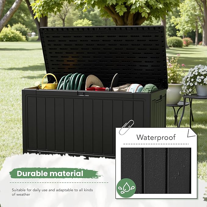 Greesum 150 Gallon HDPE Outdoor Storage Box - Waterproof, Large Capacity Deck Box with Removable Dividers for Patio, Yard, Garden Tools, Black