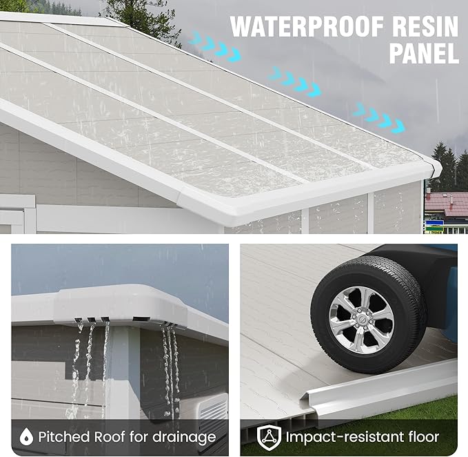Outdoor Storage Shed, 8x6 FT Resin Shed with Floor and Vents, Window & Lockable Door, Tool Sheds & Outdoor Storage for Bike, Tools, Garden Accessories, Waterproof (Sandstone)