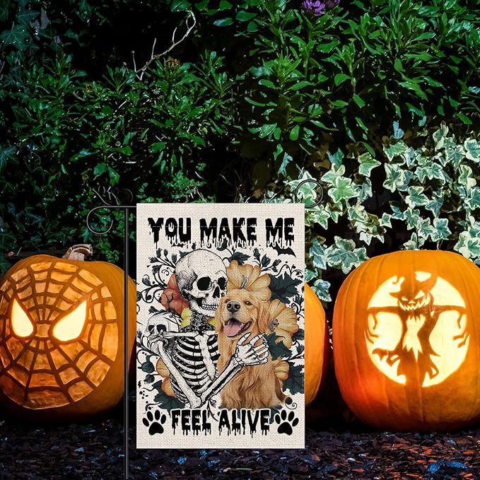 Halloween Garden Flag Skeleton and His Golden Retriever Vertical Double Sided Flags for Holiday Farmhouse Patio Yard Outdoor Party Decor Decorations Gifts - 12.5 x 18 Inch