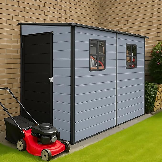 4‘x8’ Lean to Shed with Floor, Resin Storage Shed & Outdoor Storage Clearance with 2 Windows, Backyard Storage Sheds for Garden Tools, Bicycle, Black+Grey