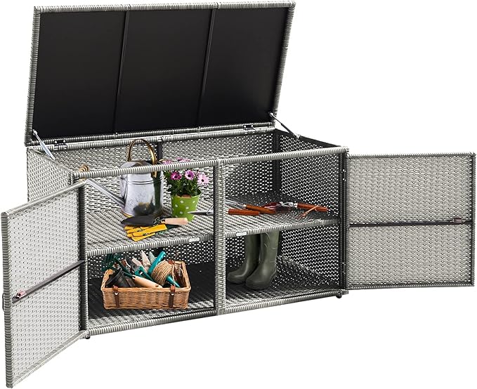 HAPPYGRILL Deck Box Outdoor Patio Pool Storage Box Outside Rattan Wicker Storage Bin Cabinet with Steel Frame Shelf for Garden Balcony Porch Yard Furniture Tools