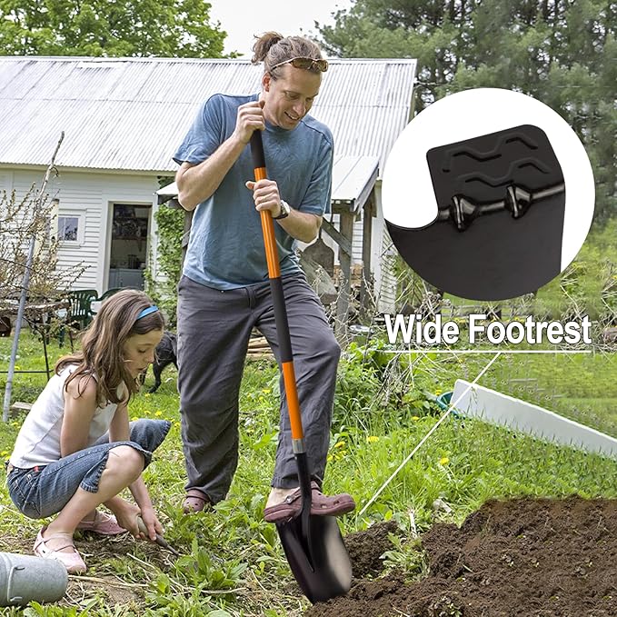 Heavy Duty Gardening Shovel, 56 Inch Round Blade with Fiberglass Handle (Orange)