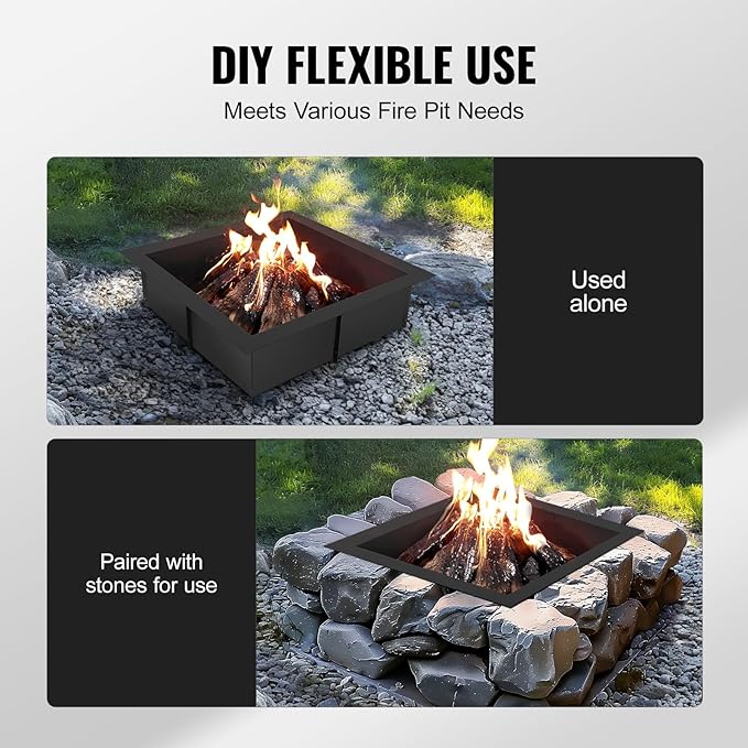 VEVOR Fire Pit Ring, 36x36 in Outer/30x30 in Inner Diameter, 10inch Height Square Fire Pit Insert, Heavy Duty Carbon Steel Liner DIY Campfire Ring Above or In-Ground, for Outdoor Camping, Bonfires