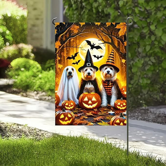 Halloween Ghost Dog Garden Flag Scary Pumpkin Cute Dogs Trio in Witch and Ghost Garden Flag Vertical Double Sided 12x18 Inch Welcome Yard Flag for Halloween Farmhouse Holiday Yard Outdoor