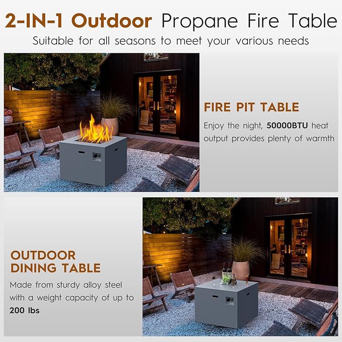 32 Inch Outdoor Fire Pit Table, 50,000 BTU Square Propane Fire Pit with Lid, Lava Rocks, Weatherproof Cover, Alloy Steel Gas Firepit Table for Outside Patio, CSA Certified, Gray