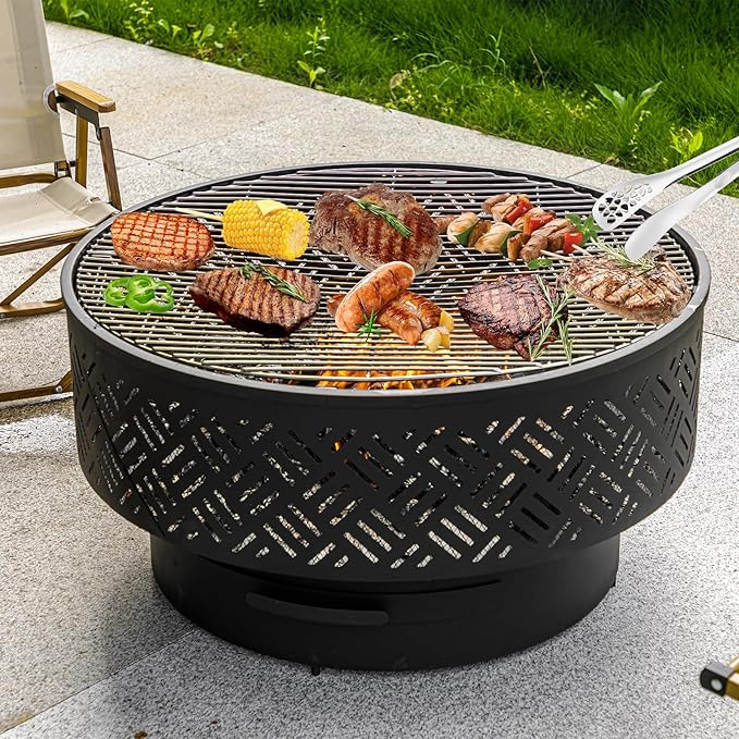 32" Wood Burning Fire Pits with Grill & Lid, Fire Pit Table for Outside with Waterproof Cover & Fire Poker, Outdoor Firepit with Functions for BBQ,Table and Bonfire