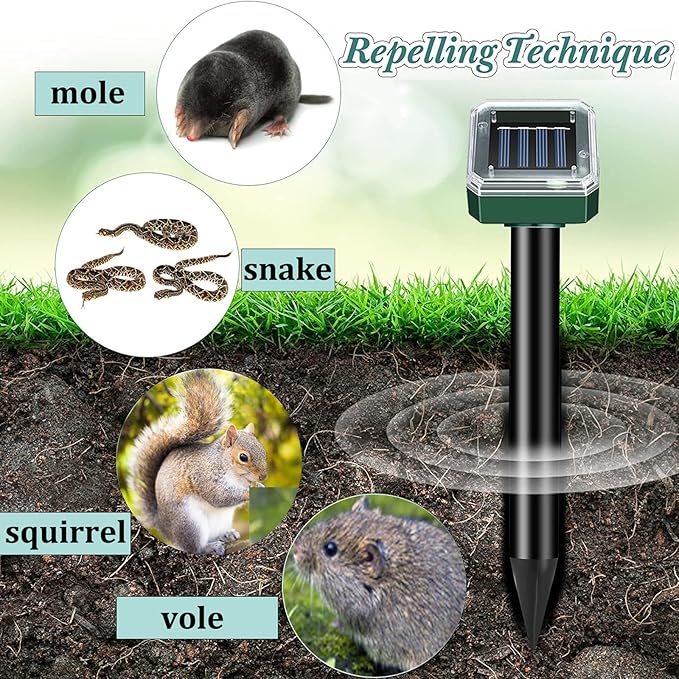 Solar-Powered Mole Repellent 10P Outdoor, Gopher Repellent for Lawn Garden Yard, Mole and Vole Repeller Waterproof, Effectively Repels Gophers Snake