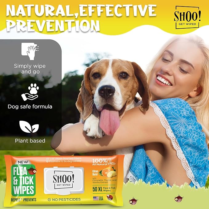 Shoo! Flea & Tick Wipes for Dogs | Convenient, Easy On-The-Go Protection | Plant Based, Natural Oils, Chemical Free | Repels & Prevents | 50 XL Wipes | (Citrus Burst)