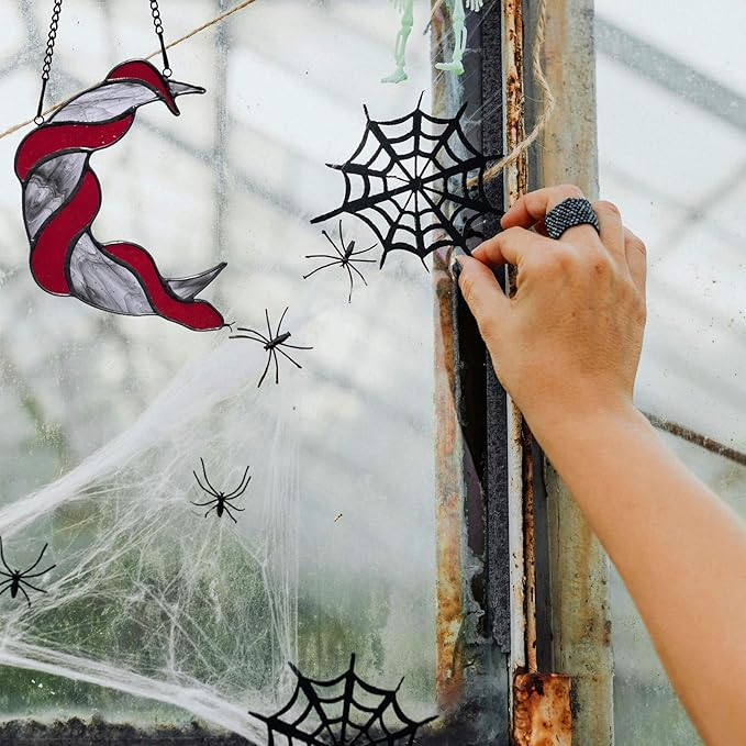 Stained Glass Red Snake on Moon Decor Window Hangings Ornament, Gothic Snake Suncatcher Halloween Decorations, Handmade Stained Glass Gifts Sun Catchers Indoor Window Home Decor.