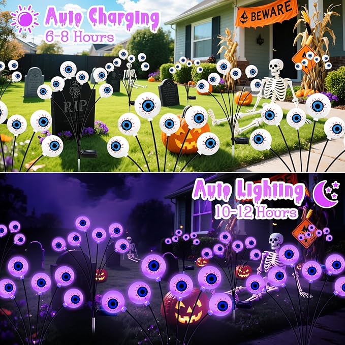 Halloween Decorations Outdoor, 4 Pack 24 LED Solar Purple Scary Eyeball Swaying Lights, Purple Solar Firefly Light Waterproof Outdoor Garden Lights for Halloween Yard Garden Lawn Party Flower Bed