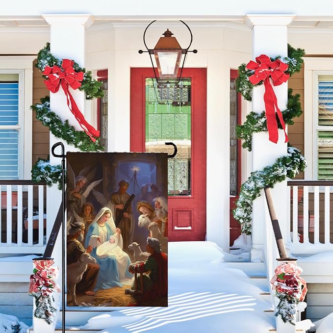 Nativity Garden Flags Religious Christmas Yard Flag Winter Catholic Jesus Garden Flag for Holy Night Outside Double Sided Home Yard Farm Xmas Decor Outdoor 12 x 18 In