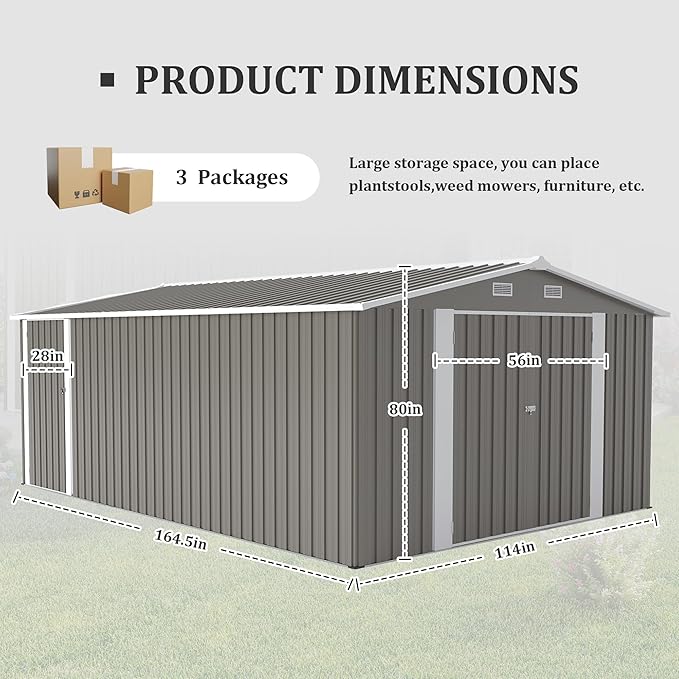 KEIKI 10x 14 FT Metal Storage Shed Outdoor, Large Garden Shed with Roof & Lockable Doors, Utility Tool Sheds Frame & 4 Vents for Patio Backyard Bicycles Storage House, All Weather Use, Light Grey