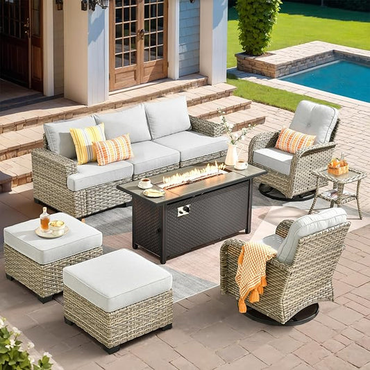 HOOOWOOO Outdoor Sectional Patio Furniture Set with Fire Pit Table,9 Pieces Wicker Conversation Sets,Extra Deep Out Door Sofa Outside Furniture Couch Swivel Chairs Ottoman,Light Gray