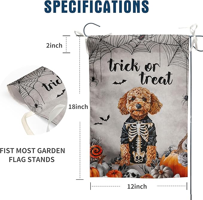 Halloween Golden Doodle Garden Flag Trick or Treat Yard Flag Ghost Dog Garden Flags for Outside 12x18 Double Sided Small Dachshund Skeleton Halloween Decor Outdoor Lawn Welcome Flag