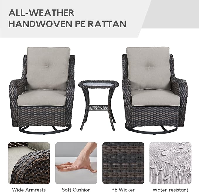 Patio Furniture 4 Piece, All-Weather PE Wicker Outdoor Furniture Set with CSA Certified 30in Propane Fire Pit Table,Outdoor Patio Furniture with Swivel Rocking Chairs