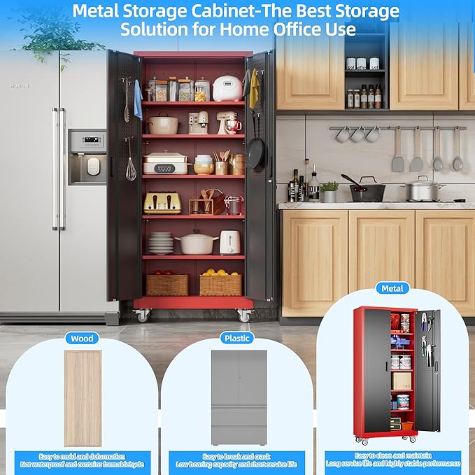 71"H×32"W×16"D Rolling Tool Storage Cabinet with 5 Adjustable Shelves and Pegboard,Metal Garage Storage Cabinet with Wheels for Garage Home Office Utility Room,Required Assembly, Red and Black