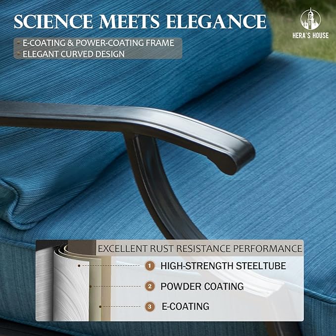 HERA'S HOUSE 5 Piece Patio Furniture Set, 2 x Leg Chair, 2 x Ottoman, 1 x 3-Seat Sofa, All Cushioned 7 Seats Metal Outdoor Conversation Set for Lawn Garden Backyard