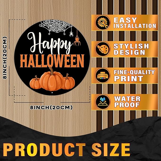 PEACHGARDEN Halloween Pumpkin Metal Tin Sign Vintage Pumpkin Decor Round Welcome Retro Wall Art Gothic Plaque Spooky Home Porch Decorations 8x8inch