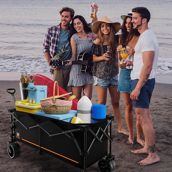 Navatiee 300L Extra Large Collapsible Wagon Cart Foldable, 48''L Extended Heavy Duty Folding Beach Wagon with 440LBS Weight Capacity and Big Wheels, Utility Garden Cart for Sports Camping