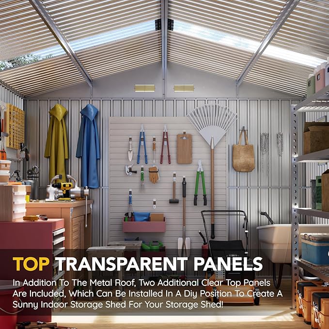 Breezz Outdoor Storage Shed 10 x 12ft. Utility Tool Shed Metal Storage Garden Shed with Lockable Doors, Windows & Metal Frame Floor for Patio Storage,Brown