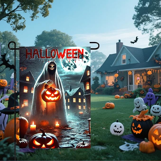 IVN Spooky Halloween Ghost Garden Flag 12x18 Inch Double Sided Frightful Character Outdoor Yard Decor Patio Accent with Pumpkin Lantern Design for Festive Lawn Ornament and Home Decor