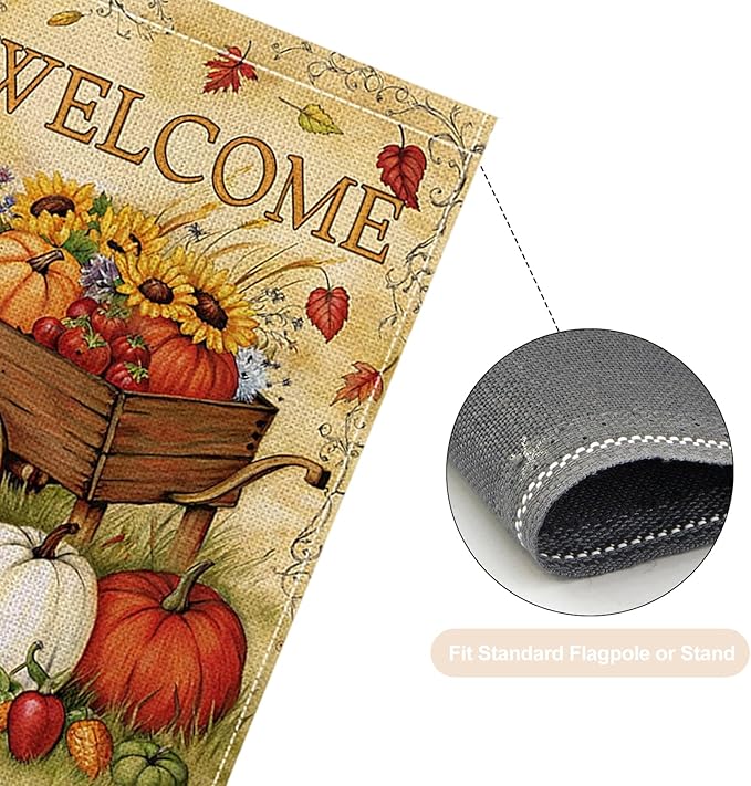 Fall Garden Flag 12 x 18 Inch Double Sided Welcome Pumpkin Sunflower Maple Leaves Farm Designs Autumn Burlap Yard Flag for Outside Rustic Yard Outdoor Holiday Home Decoration