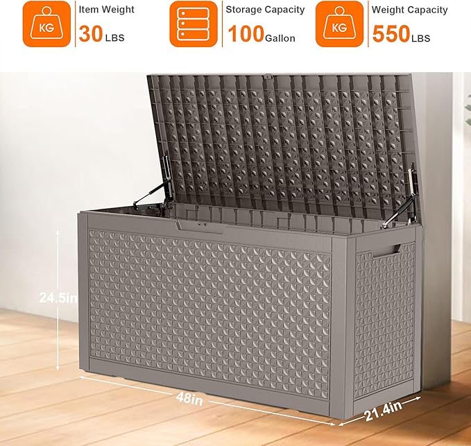 ROJIK Outdoor Storage Housing Deck Box - Waterproof Patio Furniture, Garden Tools, Cushions, Pool Accessories Storage Bench with Lockable Lid and Side Handles (Grey pattern,100 Gal)