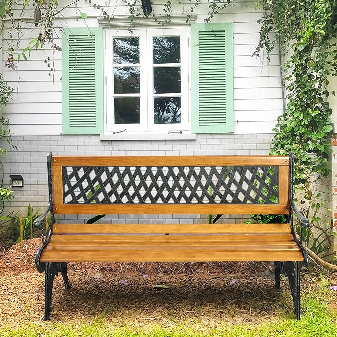 S AFSTAR Garden Bench, 2-3 Person Park Bench with Diamond Weaving Backrest, Pine Porch Bench, 470 LBS Bearing Capacity, Weather Proof Outdoor Bench for Backyard Deck Lawn Poolside