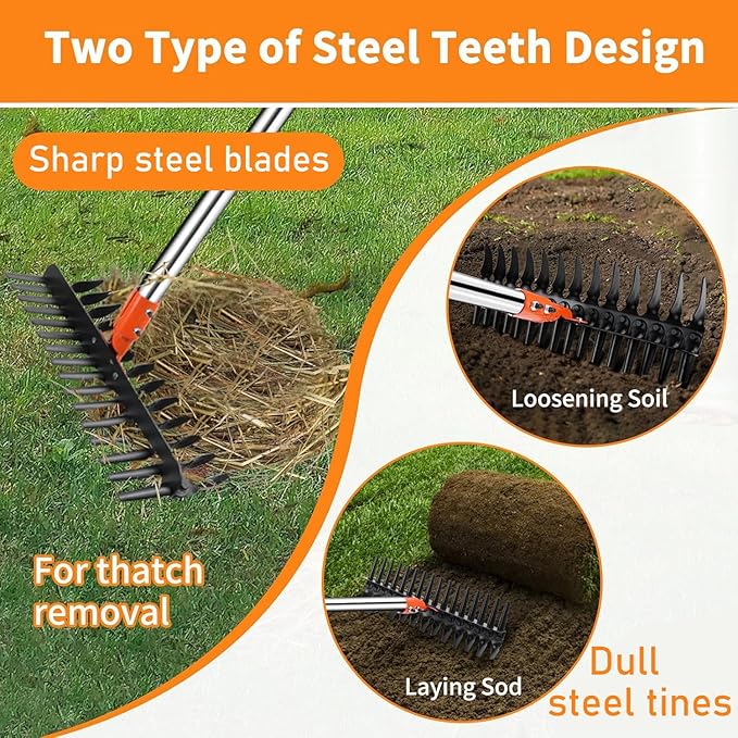 Thatch Rake - 15" Dethatcher Rake for Lawns with Upgraded Dual-Action Tines, Efficient Garden Rake with 57" Adjustable Handle, Heavy Duty Steel Metal Rakes with Reusable Yard Waste Bag & Gloves