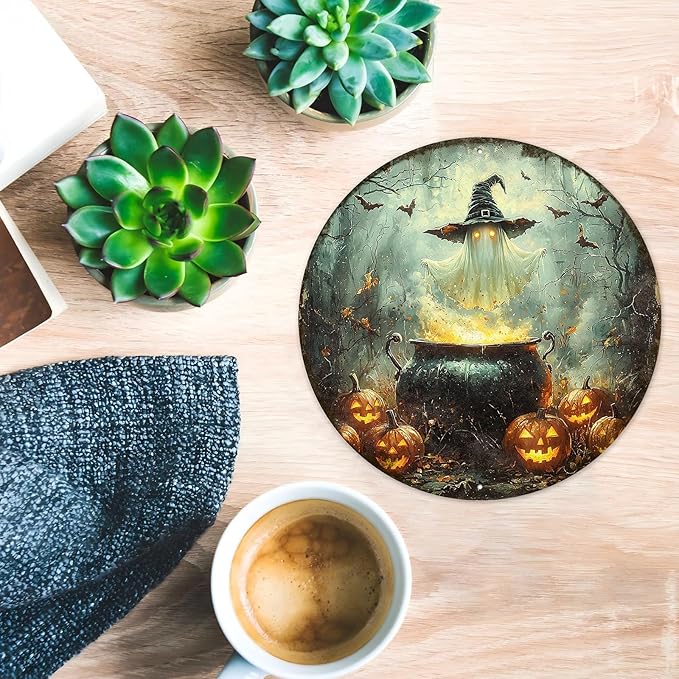 PEACHGARDEN Round Halloween Spooky Ghost With Witch Hat Wreath Vintage Sign Halloween Pumpkin Metal Tin Sign for Home Bar Kitchen Hotel Dining Room Coffee 8x8inch