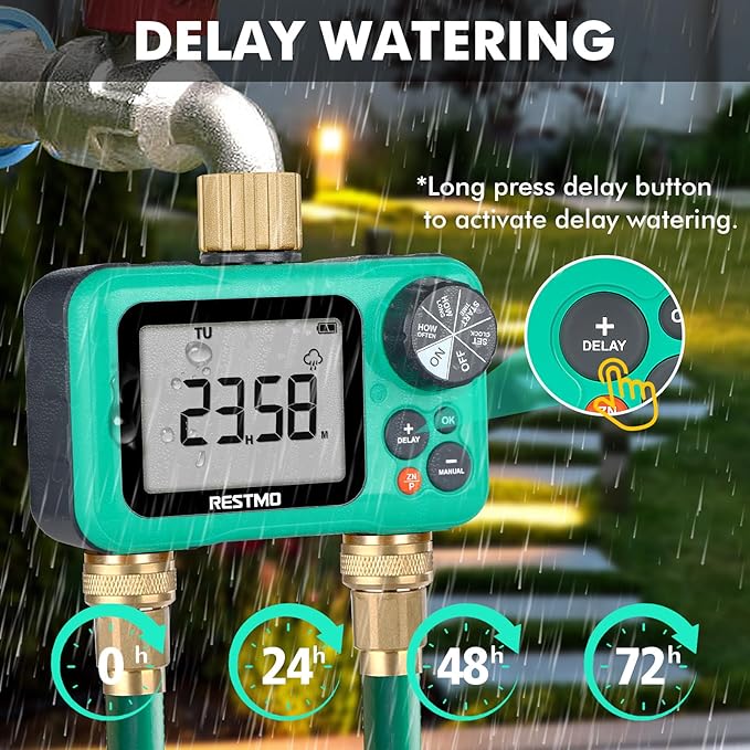 RESTMO Sprinkler Timer with Brass Inlet & Outlet, 3 Separate Programs Water Timer for Garden Hose, Manual/Rain Delay/Automatic Watering for Drip Irrigation and Lawn, 2 Outlet