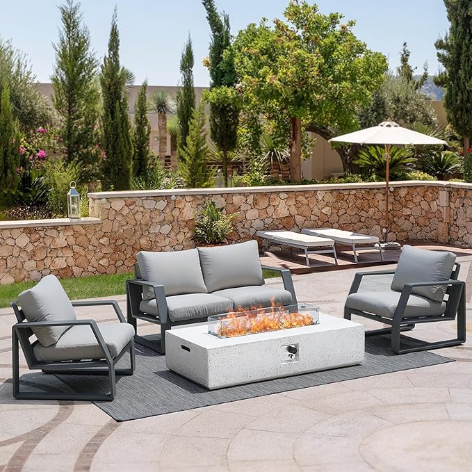 56" Propane Fire Pit Table, Rectangle Outdoor Fire Table w Glass Wind Guard(50,000 BTU), 2 Piece Patio Firepit Table Gas Fire Table w Fire Glass, Rain Cover for Outside, Backyard