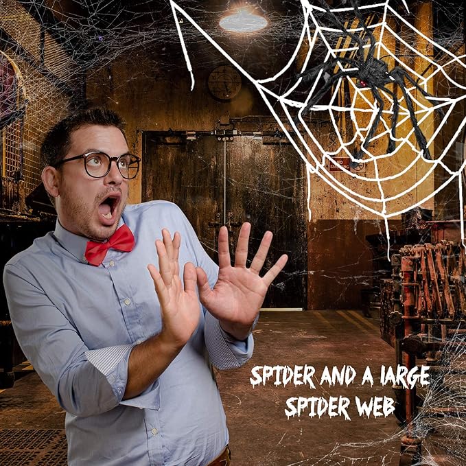 Halloween Decorations, 2Pcs 50'' Giant Spider + 200'' Triangular Spider Web and 100'' Round Spider Web, with Hook, Stretch Web and Ground Pile for Indoor Outdoor Halloween Decor Haunted House Props