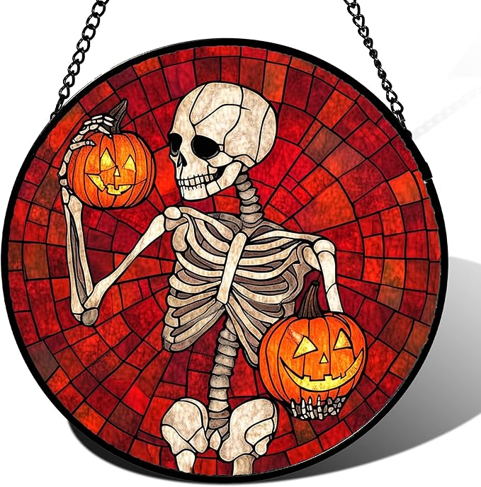 Stained Glass Window Hanging - Halloween Decorations Skeleton Pumpkin Suncatcher for Doors Garden Indoor Spooky Funny Sun Catchers Gothic Decor Horror Gifts for Women Men Friend 7.8 in