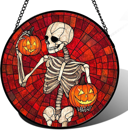 Stained Glass Window Hanging - Halloween Decorations Skeleton Pumpkin Suncatcher for Doors Garden Indoor Spooky Funny Sun Catchers Gothic Decor Horror Gifts for Women Men Friend 11.8 in