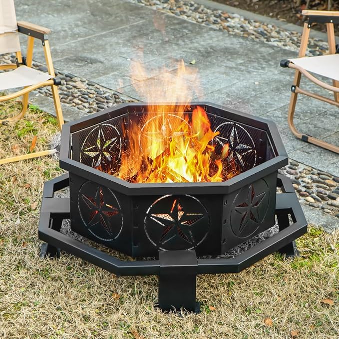 32 Inch Octagonal Outdoor Fire Pit,Wood Burning Fire Pit with Fire Poker,Firepits for Outside Bonfire,Camping,Backyard, Garden,Patio