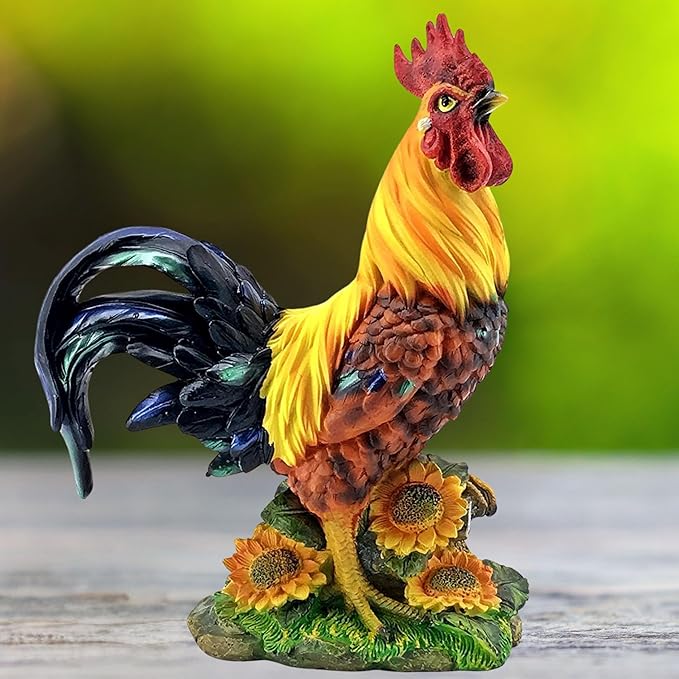 Bellaa 22977 Rooster Statue 12 inch Boho Home Decor Kitchen Gift Outdoor Sculpture Garden Patio Yard Figurine Farmhouse Animal Chicken Hen Sunflower Country Farm Barnyard Cabin Nature Lovers