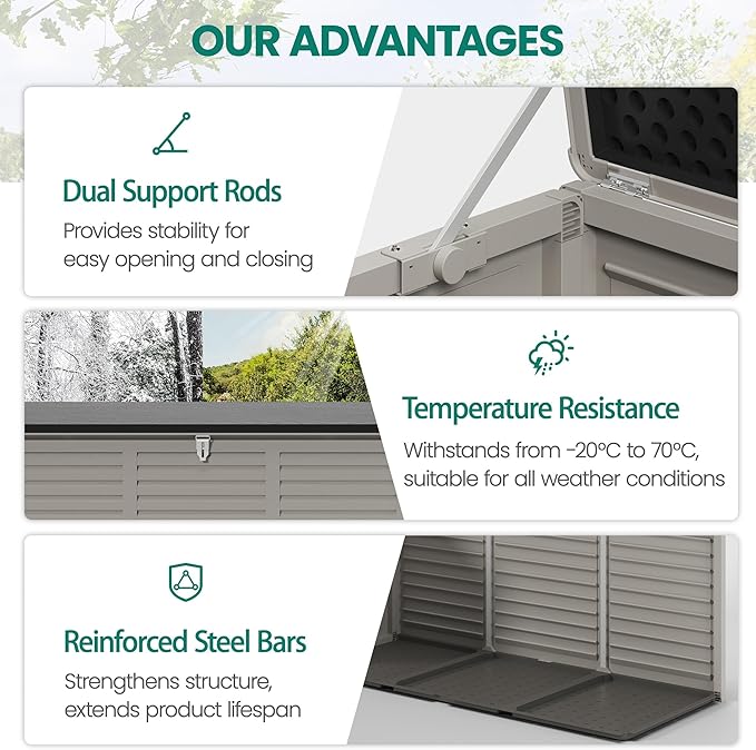 130 Gallon Outdoor Deck Box, Waterproof Resin Box with Lockable Lid, UV-Resistant for Cushions, Garden Tools & Pool Accessories (GRAY), Patio Furniture