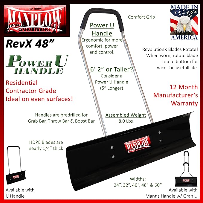 MANPLOW RevolutionX Snow Pushers and Shovels (Power U Handle, 48")