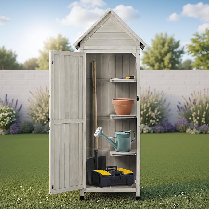 Wooden Outdoor Storage Cabinet,Tall Vertical Garden Tool Shed with Waterproof Metal Roof & Adjustable Feet – Perfect for Yard, Patio, Lawn & Deck (Gray, 22" x 26" x 67")