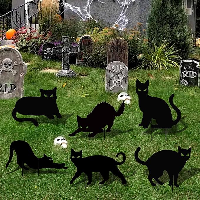 6 Pack Halloween Black Cat Yard Signs with Stakes Black Cat Yard decor Scary Silhouette Halloween Decorations Made of Waterproof Plastic Corrugated Board for Outdoor Lawn Garden