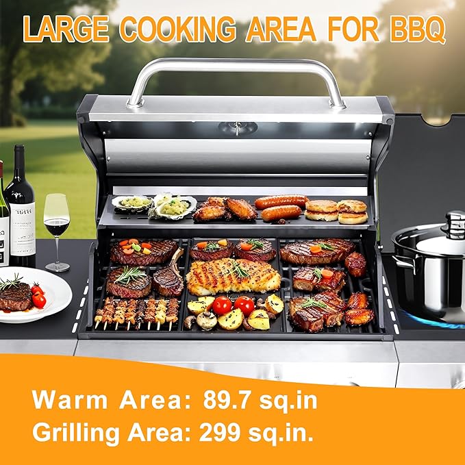 4 Burner Propane Gas BBQ Grill with Side Burner - 46890 BTU Output Stainless Steel Grill with Enameled Cast Iron Cooking Grid Side Table for Outdoor Backyard Patio Barbecue