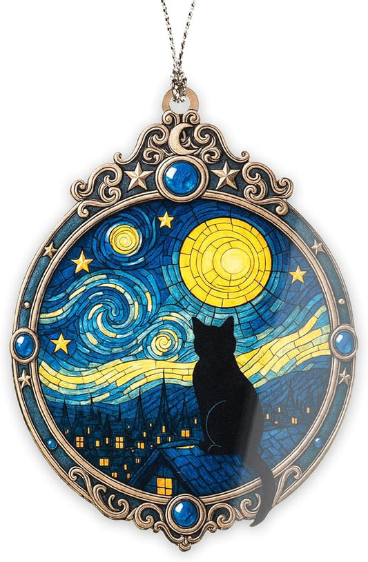 Black Cat Starry Night Ornament – black cat – christmas ornament – van gogh decor – cat gifts – Suncatcher effect window hanging – Car Hanging