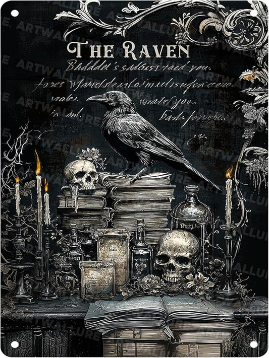 ARTWALLURE Gothic Crow Vintage Metal Sign Raven Wall Decor Skull Metal Poster Witchy Art Plaque Gothic Raven Decoration for Man Cave Funny Garage Bar Shed 12x16inch
