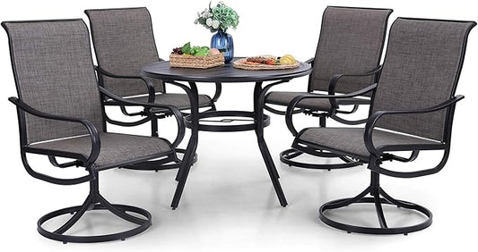 PHI VILLA 5 Piece Patio Dining Set, 4 Swivel Patio Chairs and 1 Round Metal Table with 1.57" Umbrella Hole, All Weather Resistant for Lawn Garden