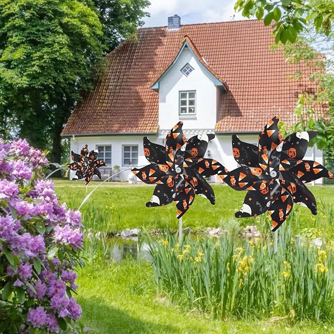 10 Pack 15.35 lnches Windmill Outdoor Halloween Decorations Applied to Lawn, Yard, Garden, Farm ，As Well As Decor Indoor Pinwheels Toy - Orange Black Wind Spinners（Candy/Ghost）