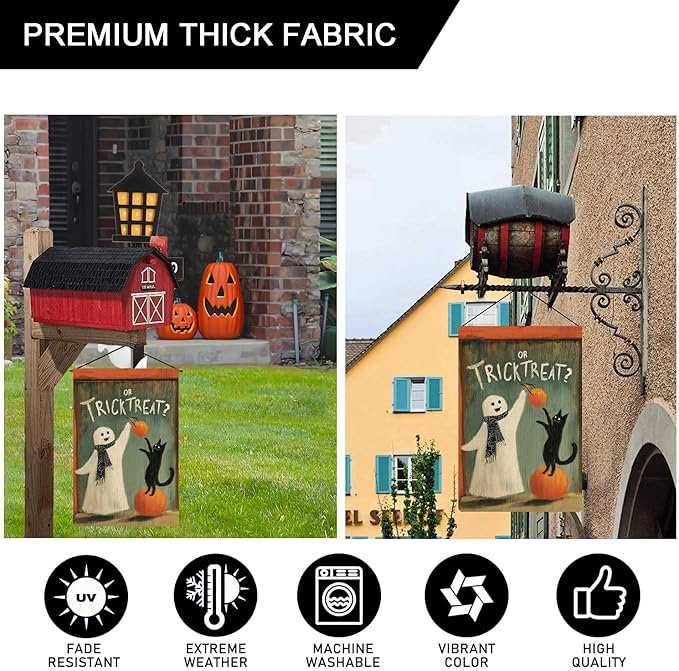 Trick or Treat Garden Flag Ghost Teasing Black Cat Holiday Garden Flag Pumpkins Vertical Double Sided Rustic Farmland Burlap Yard Lawn Outdoor Decor 12.5x18"
