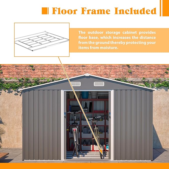 10x8 FT Sheds & Outdoor Storage Garden Metal Shed with Floor Frame Lockable Sliding Door and Air Vents Foundation Steel Shed with Air Vents Waterproof Roof Ideal for Backyard Patio Lawn Dark Gray