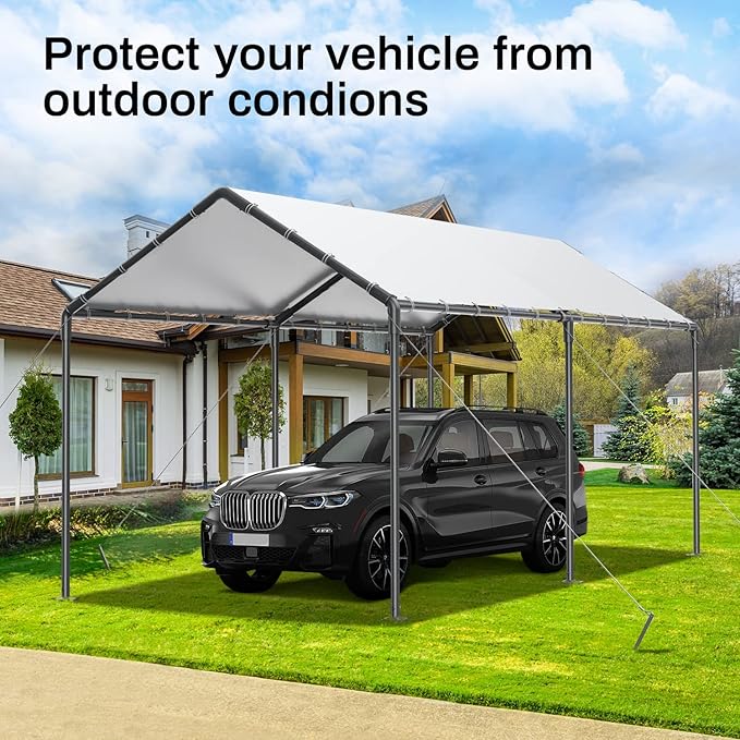 Grezone 10 x 20ft Heavy Duty Carport,Portable Car Tent Garage,All Season UV Resistant Car Canopy for Auto,Truck,Boat,Car (White)